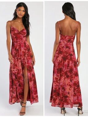 Lulus XL Beautiful Soul Burgundy Floral Print Twist Front Maxi Dress NWT